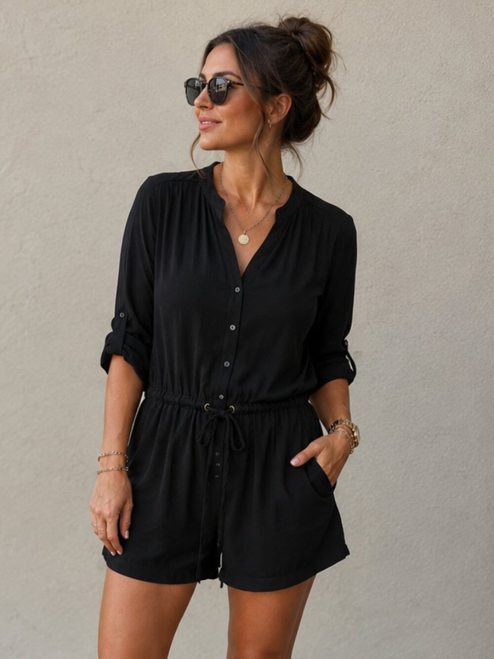 The Fisher Project by Eileen Fisher 100% Silk Romper Black Quiet Luxury Size S